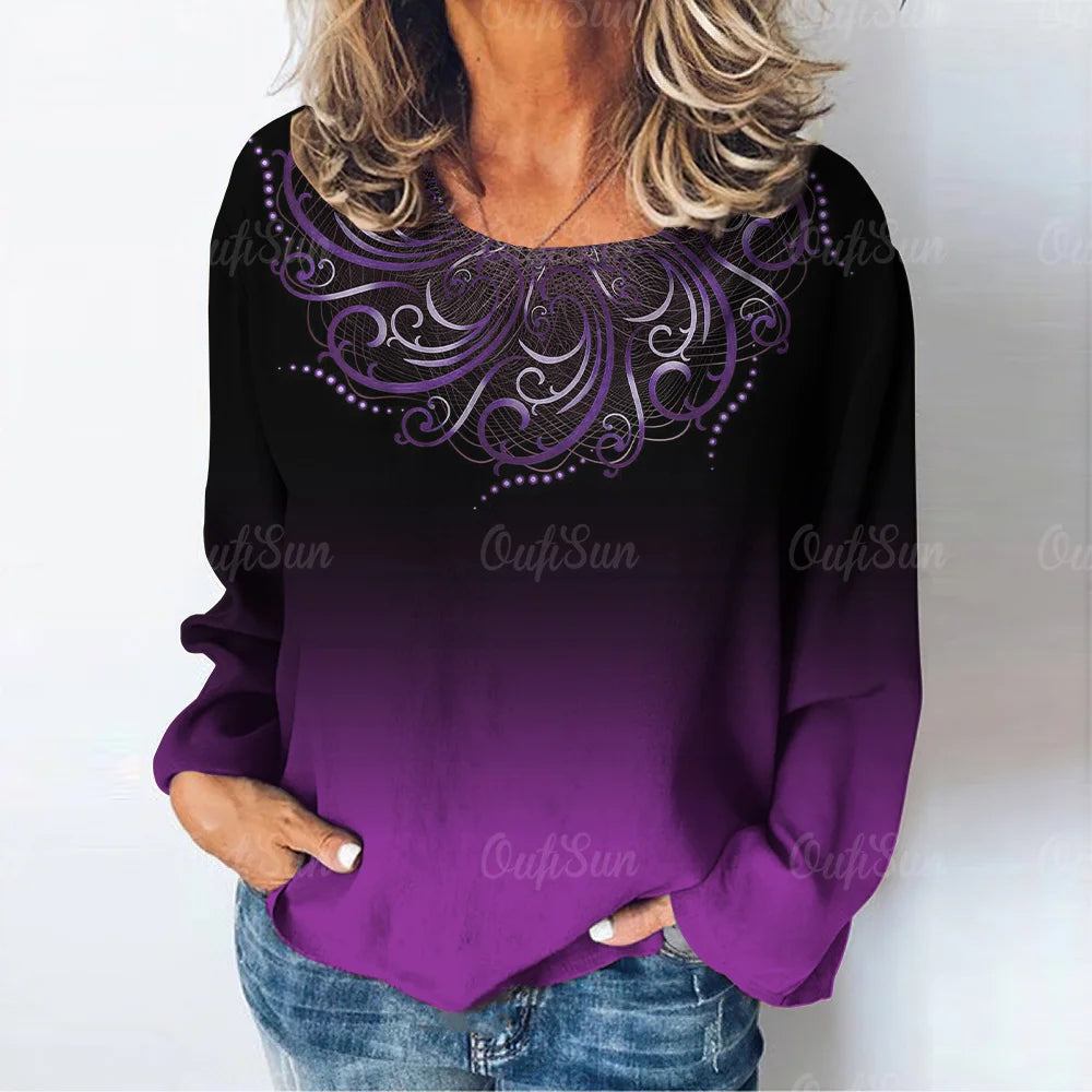 Women's Retro Geometric Pattern Long Sleeve T-Shirt Ladies Top Loose Casual Pullover Gradient Ladies Round Neck Long Sleeve