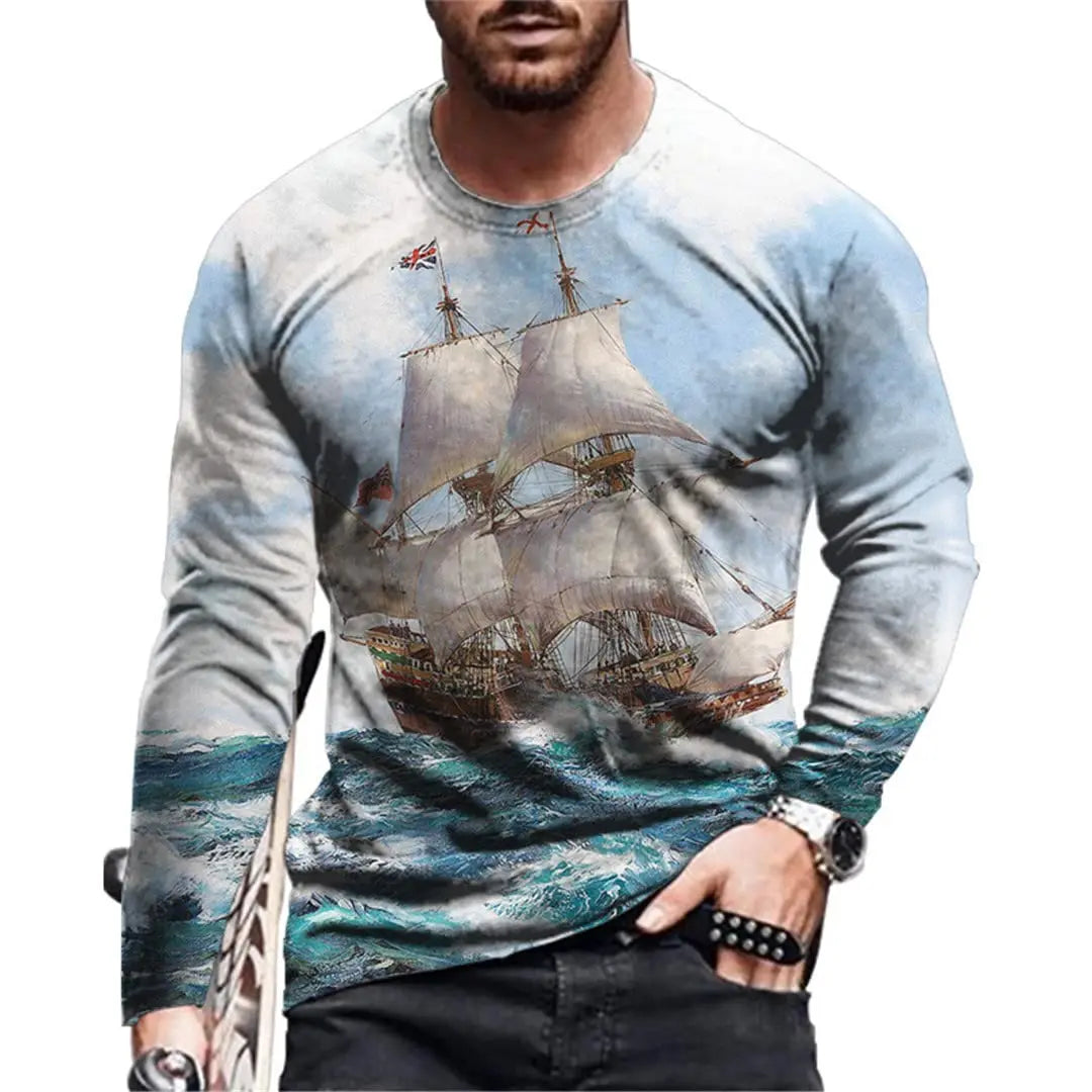 Vintage Men's Long Sleeve T Shirt 3D Navigation Sailing Ship Print Shirt Graphic T Shirt Clothing Sleeve Tops Men Streetwear