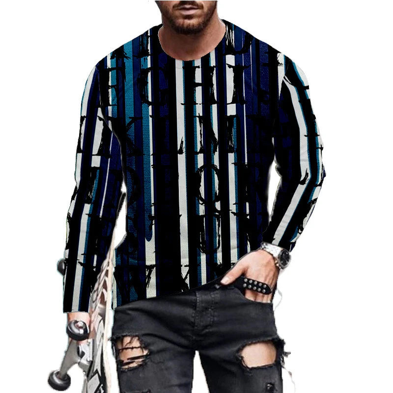 Long Sleeve Striped Men's Fashion T-Shirts Loose Casual Oversize Breathable Tops 3D Printed Letters Street Hip Hop Male Top Tee