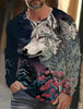 2024 new men's Ukiyoe long-sleeved T-shirt 3d printed high-definition wolf print men's autumn top casual round neck T-shirt