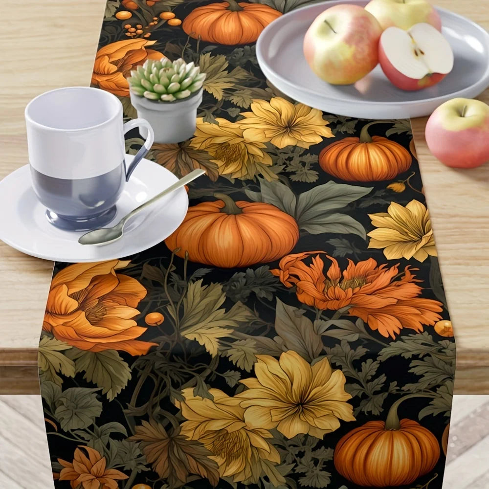 Autumn Harvest Linen Table Runner Fall Thanksgiving Pumpkin Printed Table Runner Outdoor Garden Party Kitchen Dining Table Decor