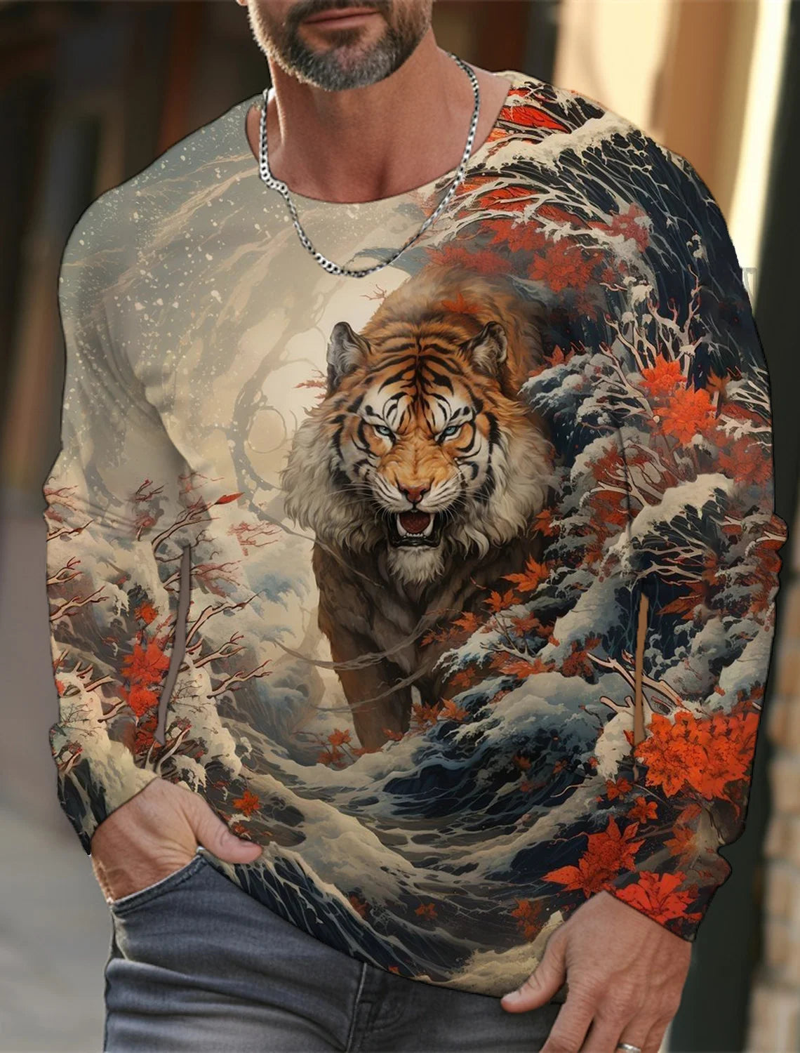 2024 new men's Ukiyoe long-sleeved T-shirt 3D printed high-definition tiger print men's autumn tops casual round neck T-shirt