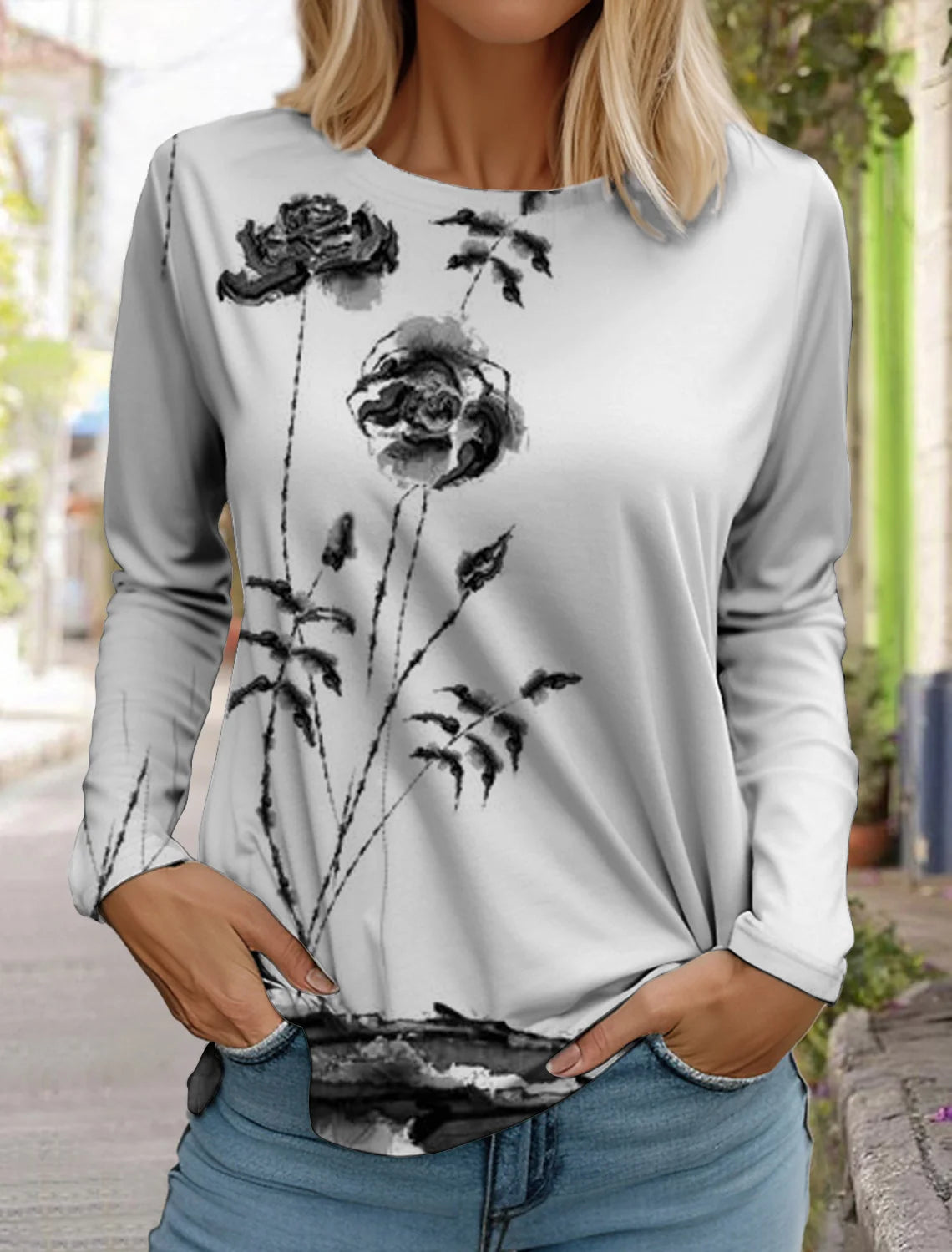 2024 women's fashion retro tops long sleeve round neck pullover casual long sleeve t-shirt new 3d printed lotus print t-shirt
