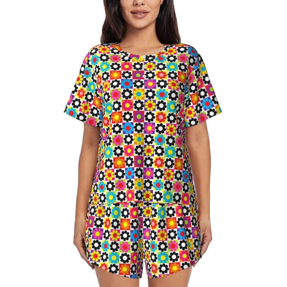 Flower Power Pajamas Spring 2 Pieces Purple Hippie Cute Pajama Sets Lady Short Sleeve O Neck Casual Custom Nightwear