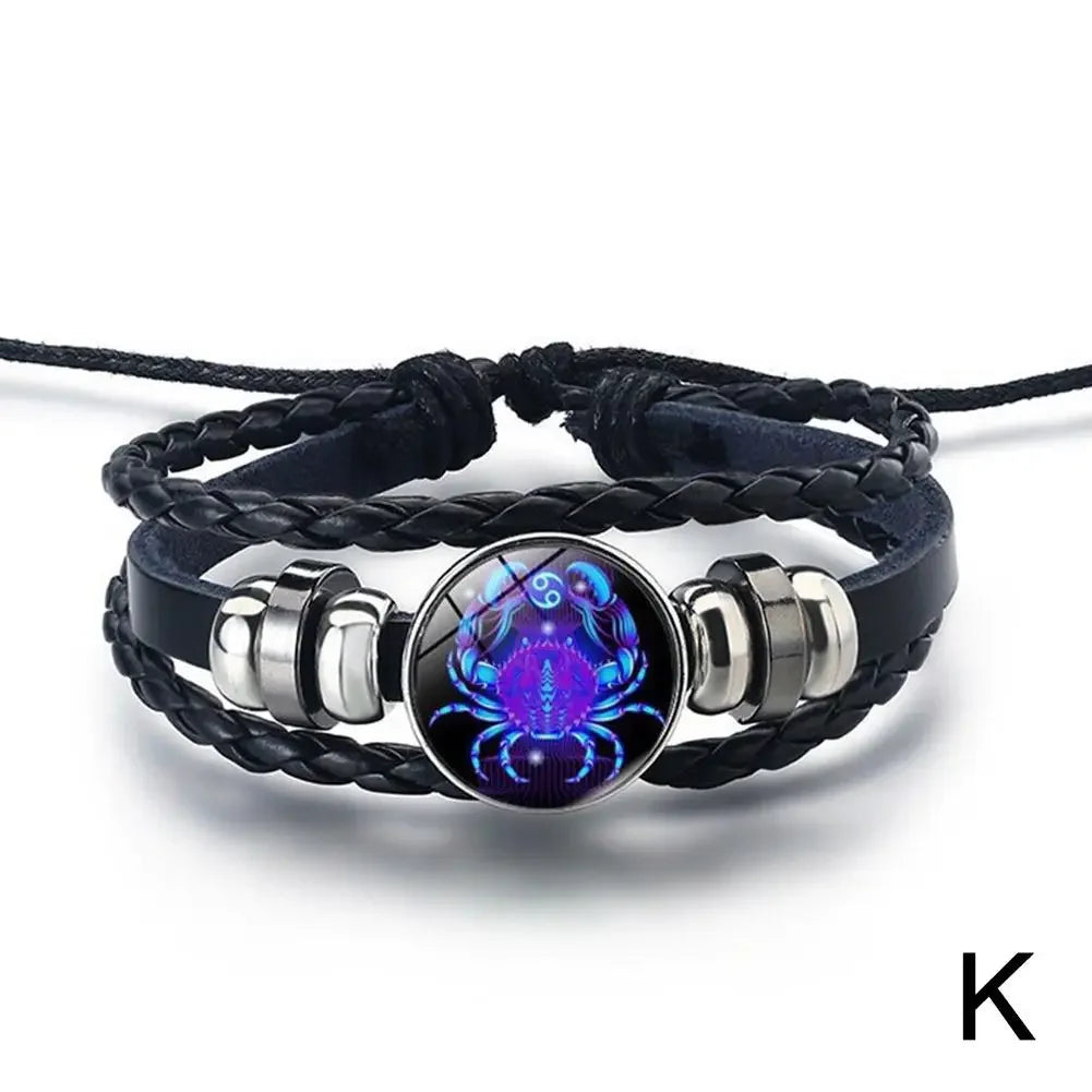 12 Constellation Gem Leather Bracelet Men Women Glass Bracele Couple Leather Multilayer Weave Birthday Gift Bangle Gem