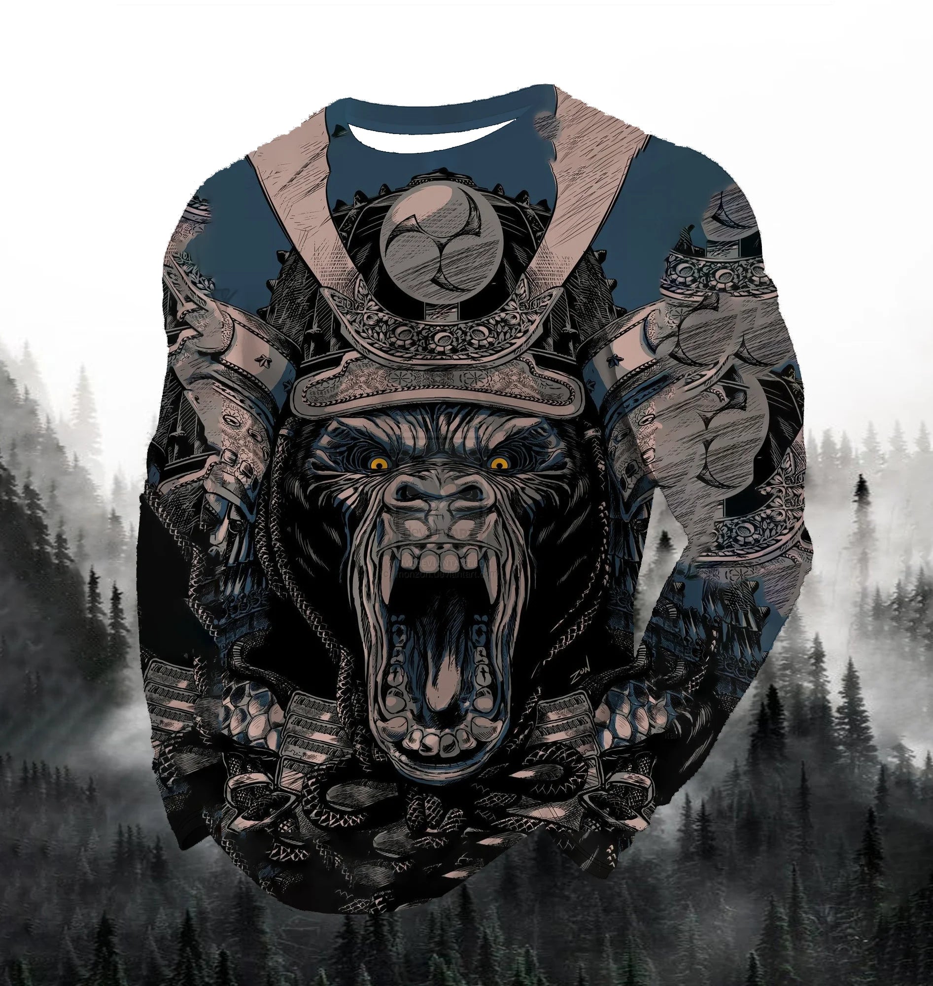 2024 Men's Fashion Printed Round Neck Long Sleeve Autumn Sports Leisure Pullover Men's 3D Japanese Samurai Printed Loose Tops