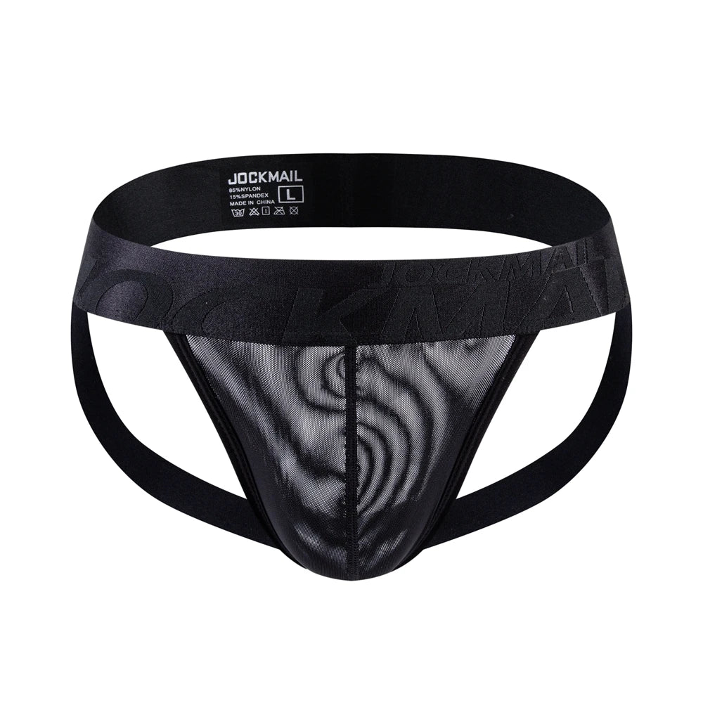 JOCKMAIL Mens Slip Bikini Jockstrap Briefs Mens Panties Sexy Transparent Mesh Ice Silk Gay Men Underwear Sissy Men Underpants