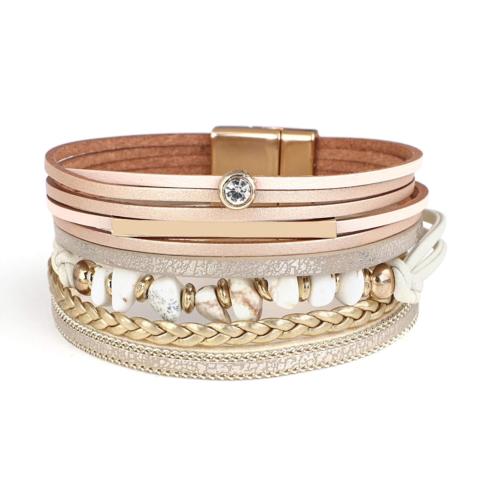 ALLYES Vintage Natural Stone Leather Bracelet for Women Men Boho Handmade Braided Crystal Multilayer Wrap Bracelet Charm Jewelry