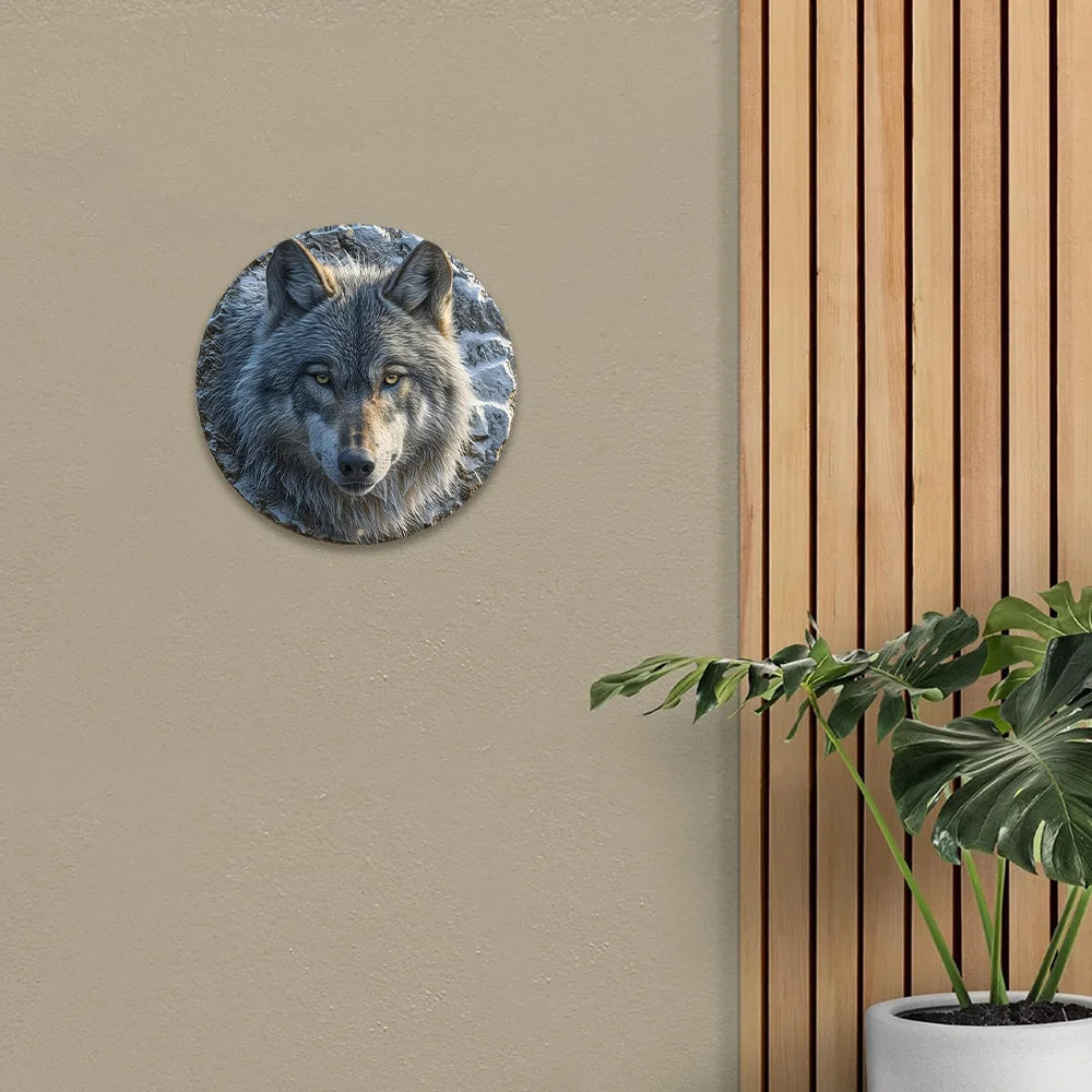 Faux Embossing Painted Round North American Gray Wolf