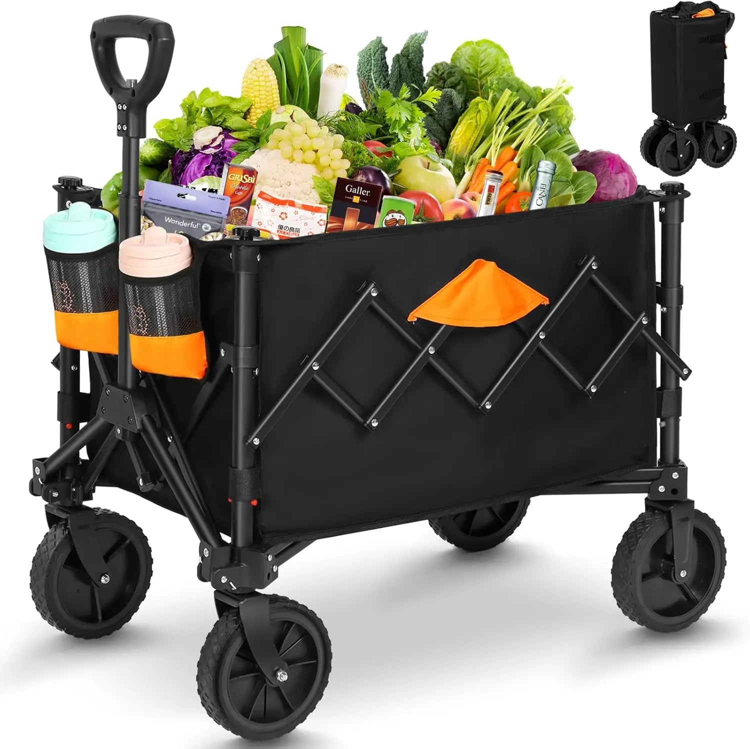 Collapsible Wagon Grocery Wagons Carts Foldable Utility Wagon with All Terrain Wheels Cup Holders Pockets for Grocery Shopping S