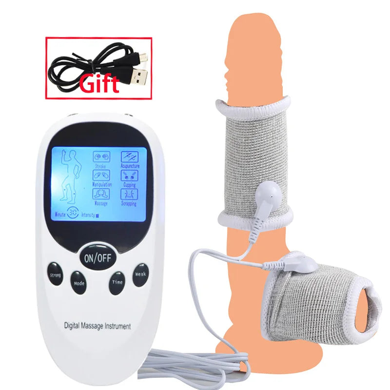BDSM Electro Shock Conductive Fiber Penis Sleeve E-stim Scrotum Rings Electric Play Cock Therapy Enlargement Male Sex Products