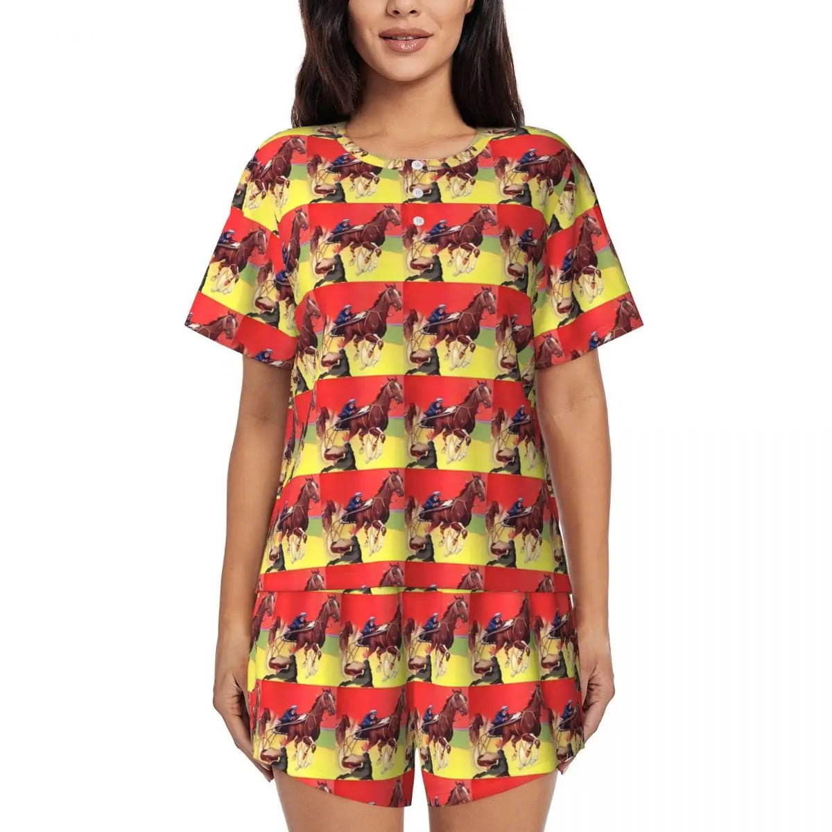 Horse Race Pajamas Summer 2 Pieces 1930s Classic Art Cute Pajama Sets Womens Short-Sleeve O Neck Night Pattern Sleepwear