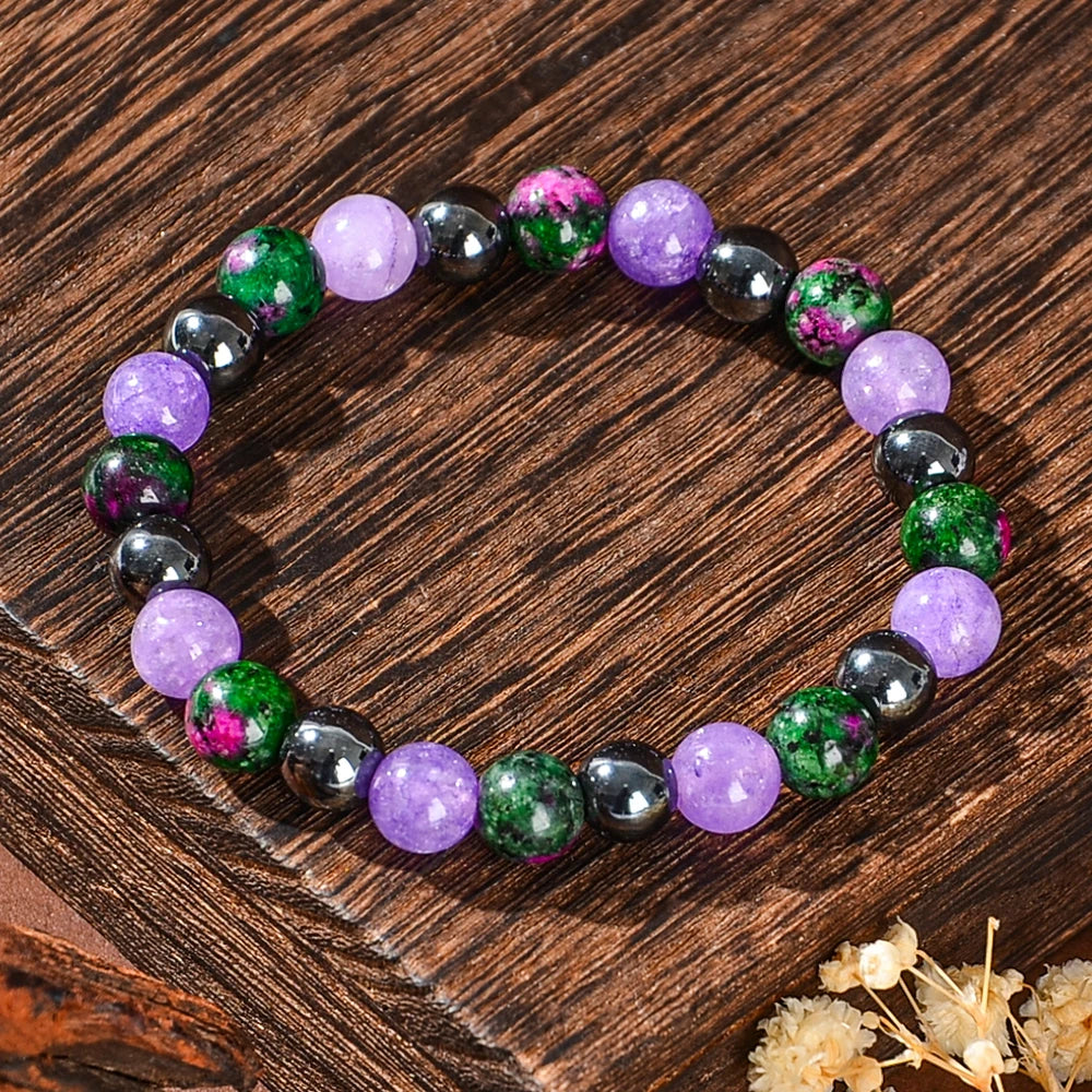 1 Piece of Depression-Healing Bracelet, Made of Natural Stone Including Flower-Green Stone and Purple Mica