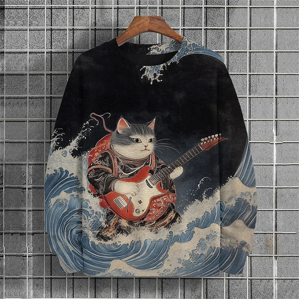 Japanese Ukiyo-e Hoodied Men's Sweatshirts Pullover Sea Wave Ramen Graphic Print Long Sleeves Hoodies Oversized Men Clothing Top