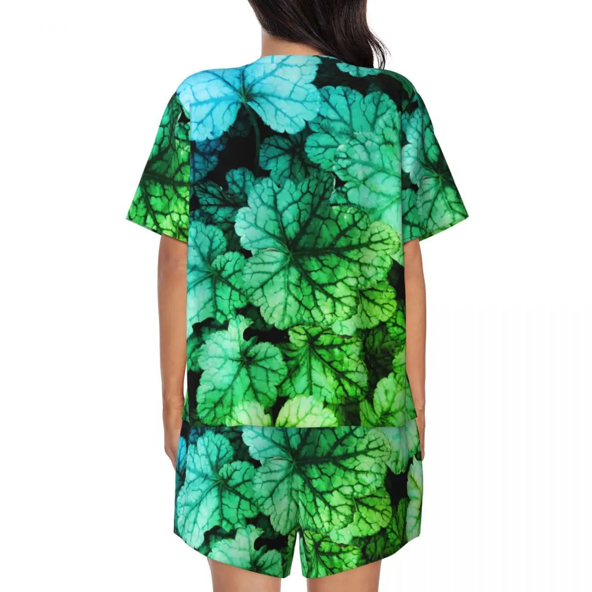 Green Leaf Print Pajamas Short Sleeve Lush Foliage 2 Pieces Leisure Pajama Sets Daily Woman O Neck Vintage Nightwear