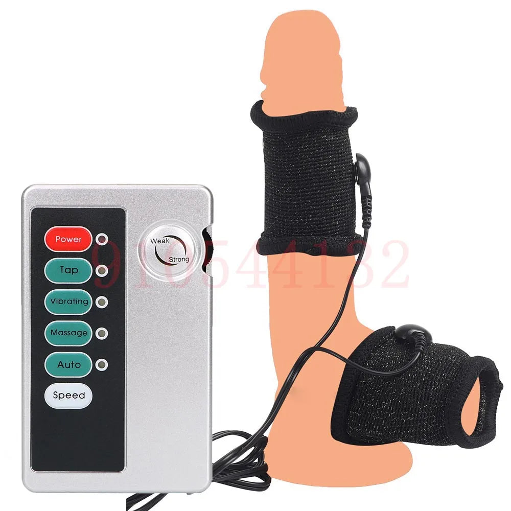 BDSM Electro Shock Conductive Fiber Penis Sleeve E-stim Scrotum Rings Electric Play Cock Therapy Enlargement Male Sex Products