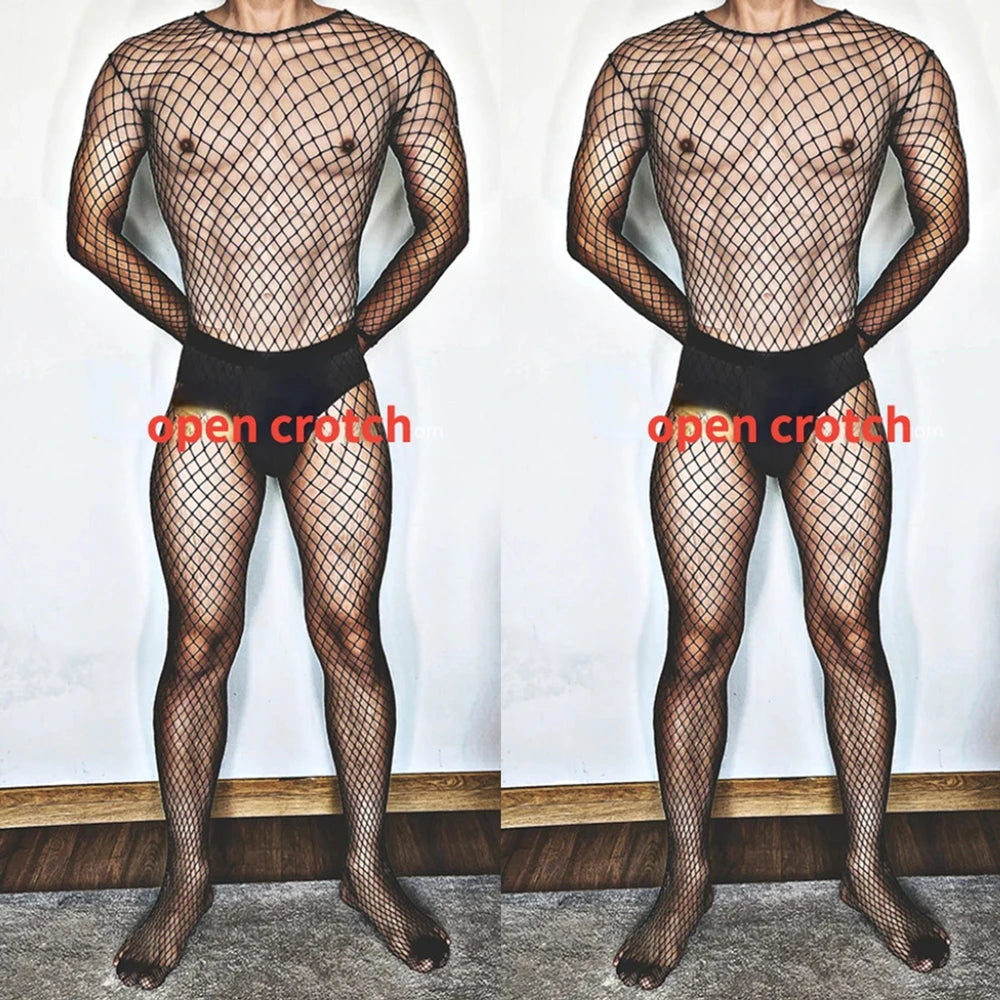 Plus Size Men's Black Sexy Lingerie Fishnet Body Stockings Male Underwear Exotic Lingerie for Man Open Crotch Transparent Tights