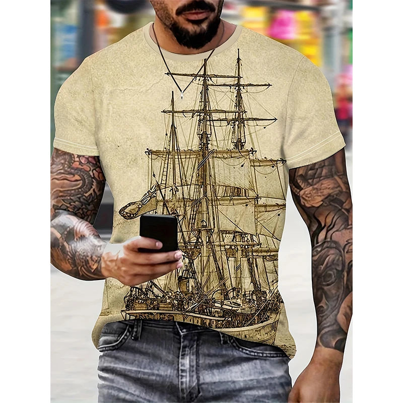 Sailing Ship Graphic T-Shirts Sailboat 3D Print Men Women T Shirt Short Sleeve Oversized Harajuku Y2k Tops Tees Kids Clothing