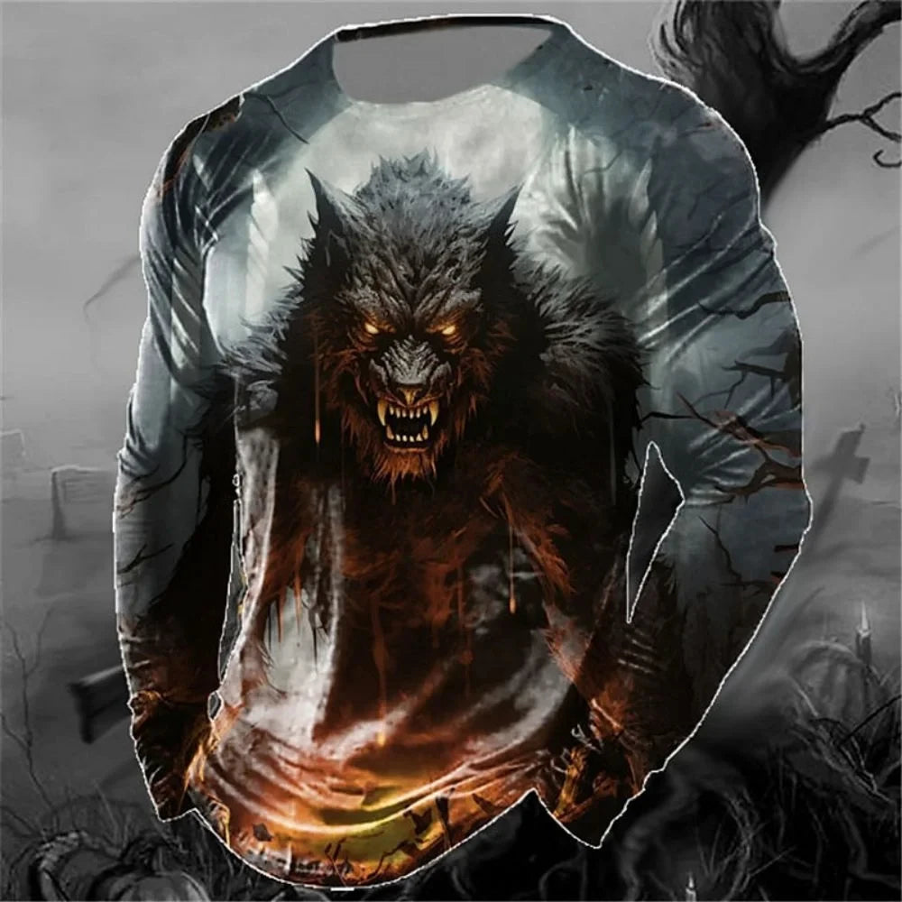 Men's Long Sleeve T-shirt Winter 3D Animal Print T Shirts Street Fashion Wolf Pattern Tops Tees Oversized Men's Clothing