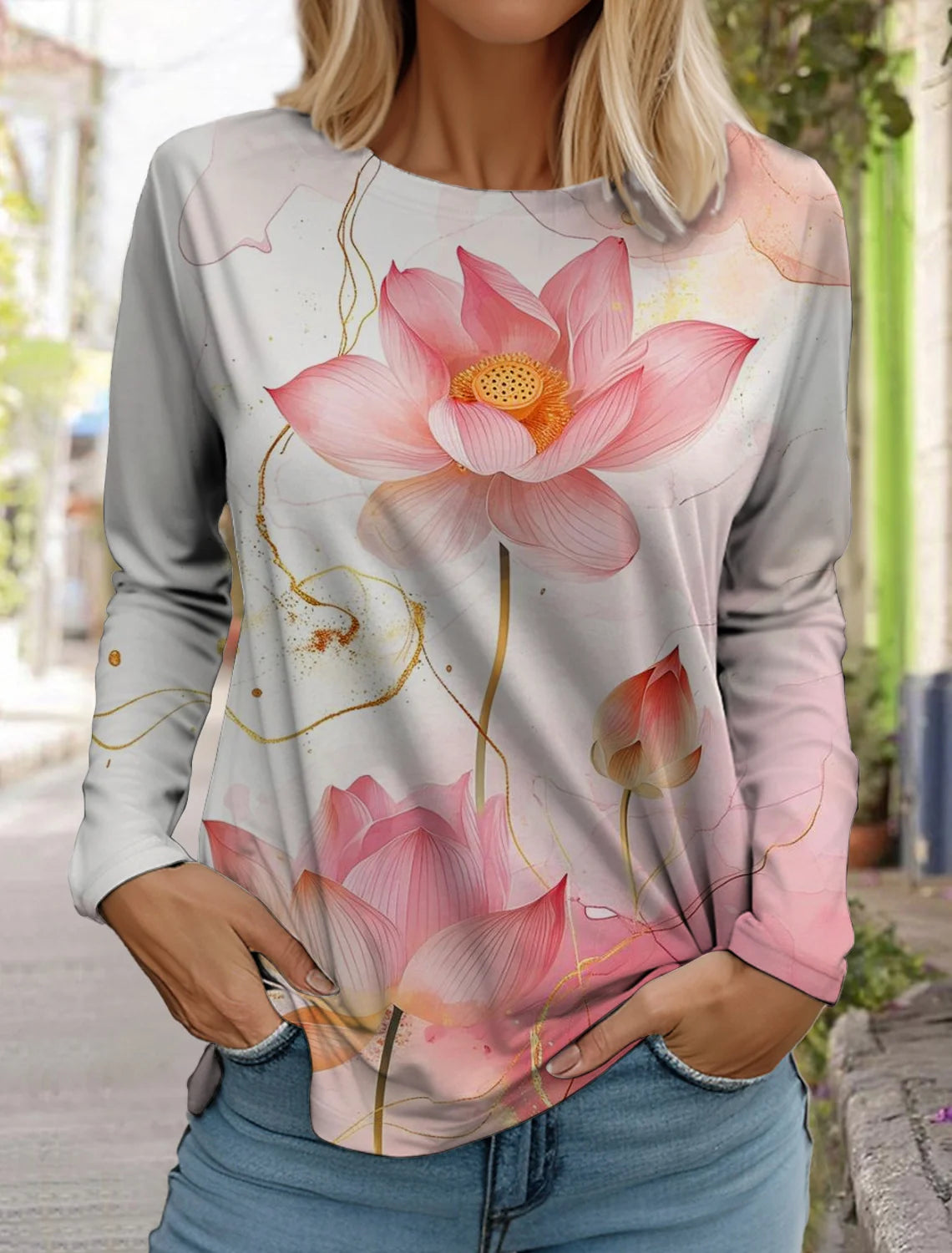 2024 women's fashion retro tops long sleeve round neck pullover casual long sleeve t-shirt new 3d printed lotus print t-shirt