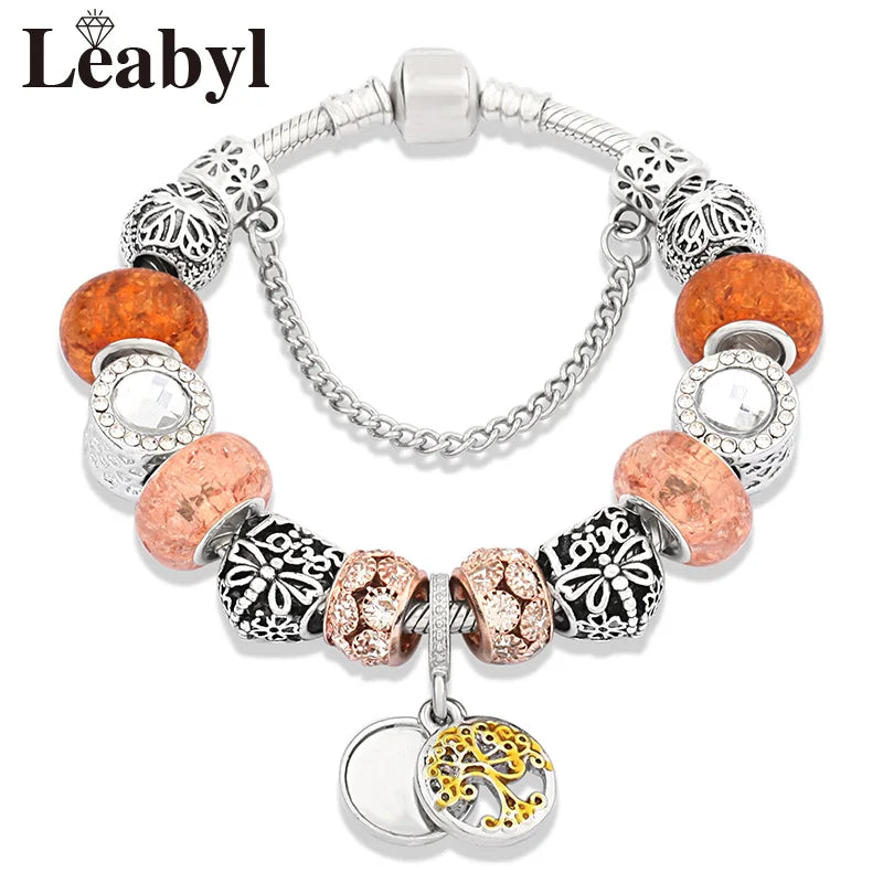 Antique Tibetan Silver Tree of Life Charm Bracelets Green Crystal Flower Bead Bracelet with Heart Diy Jewelry Pulsera Mujer