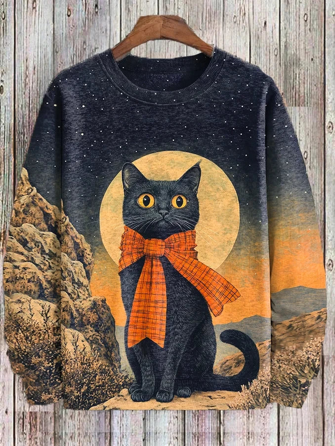 Men's Winter Skiing Animal Kitten Printed Casual Sweatshirt Fashion Round Neck Pullover Sweatshirt Polyester Fabric 2025 New