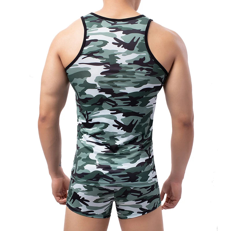 2PCS/Sets Men Undershirts Camouflage Sleeveless Tank Tops + Boxer Shorts