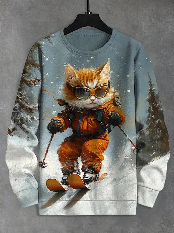 Men's Winter Skiing Animal Kitten Printed Casual Sweatshirt Fashion Round Neck Pullover Sweatshirt Polyester Fabric 2025 New