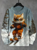 Men's Winter Skiing Animal Kitten Printed Casual Sweatshirt Fashion Round Neck Pullover Sweatshirt Polyester Fabric 2025 New