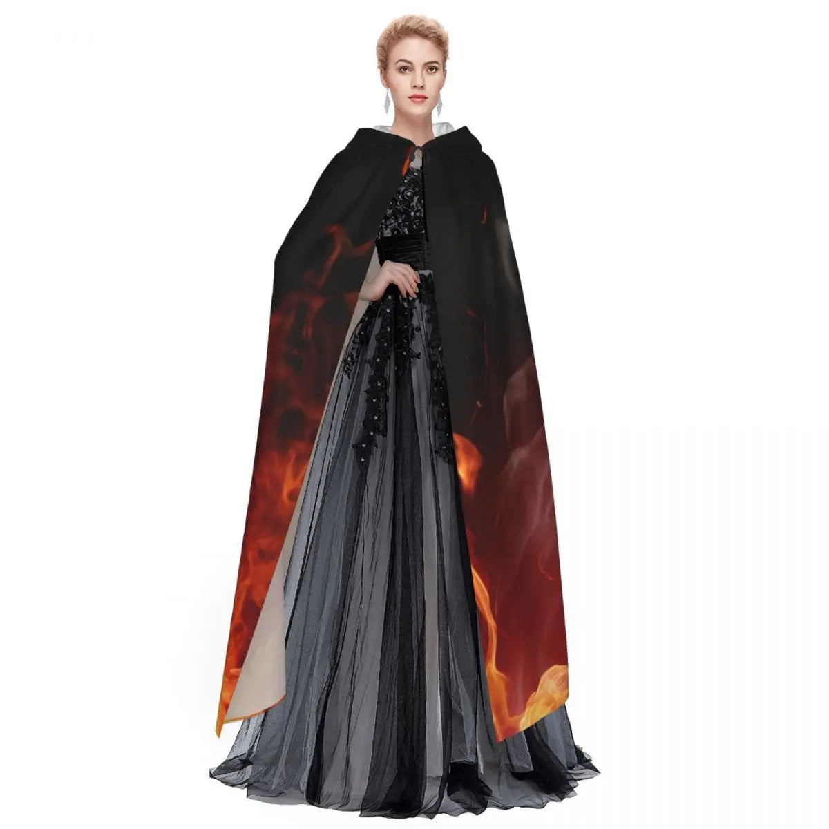 Unisex Hooded Cloak Grim Reaper Devil Witch Long Cape Burning Flame Props Party Cosplay Costume