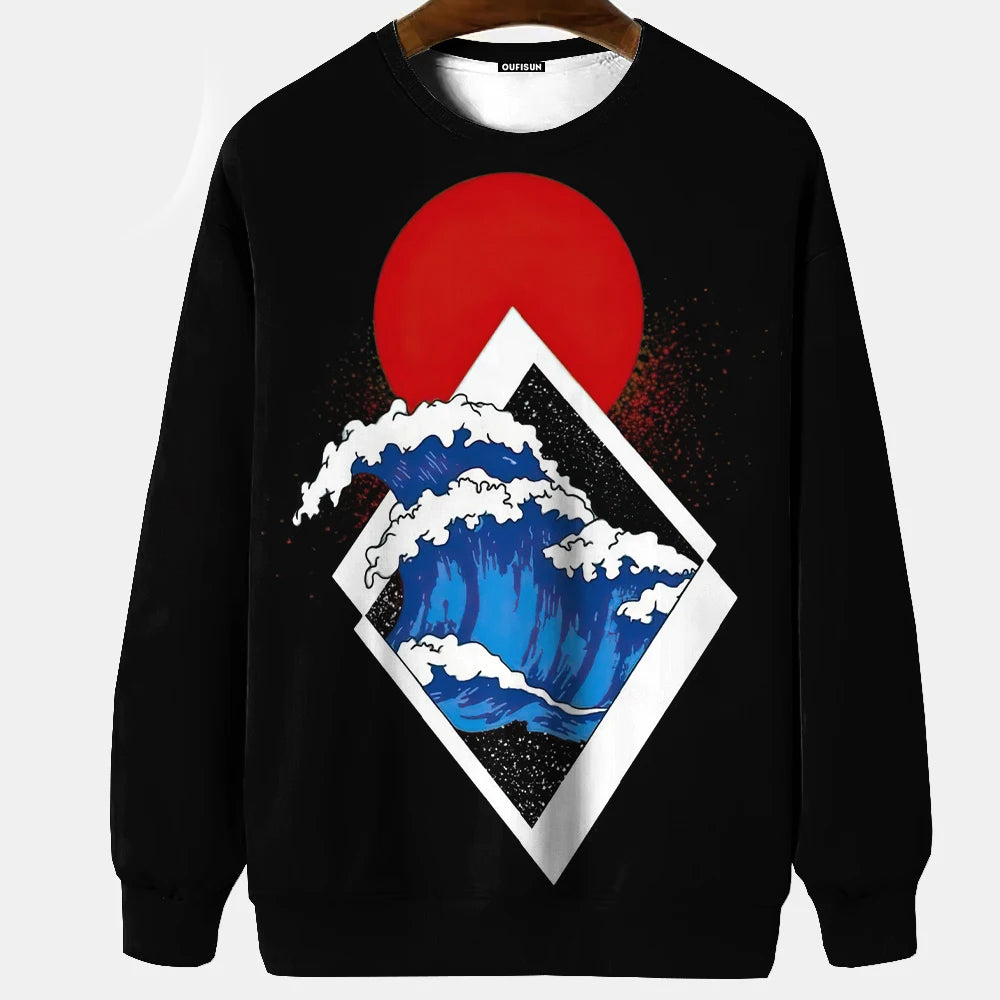 Japanese Ukiyo-e Hoodied Men's Sweatshirts Pullover Sea Wave Ramen Graphic Print Long Sleeves Hoodies Oversized Men Clothing Top