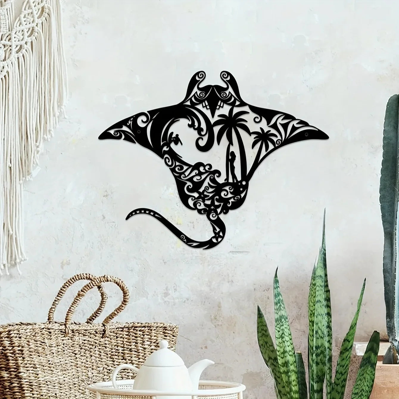 Coastal Charm Metal Manta Ray Wall Art - Beach-Themed Decor With Surfboard, Waves, Starfish & Palm Silhouette For Living Room