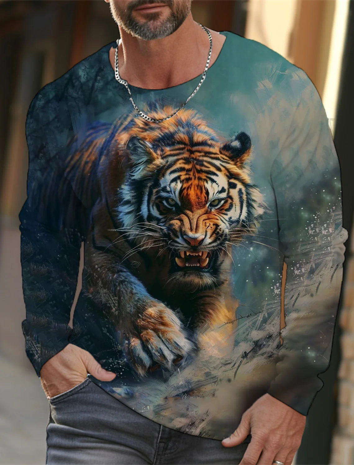 2024 new men's Ukiyoe long-sleeved T-shirt 3D printed high-definition tiger print men's autumn tops casual round neck T-shirt
