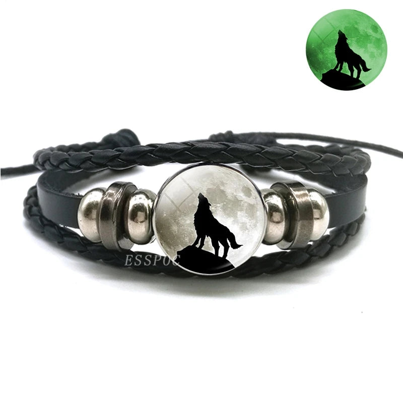 Glow In The Dark Wolf Head Bracelet Multilayer Leather Bracelet Charm Women Men Fashion Luminous Bracelets Wolf Jewelry