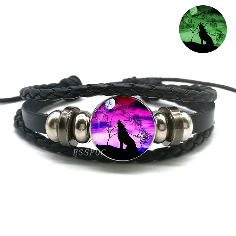 Glow In The Dark Wolf Head Bracelet Multilayer Leather Bracelet Charm Women Men Fashion Luminous Bracelets Wolf Jewelry