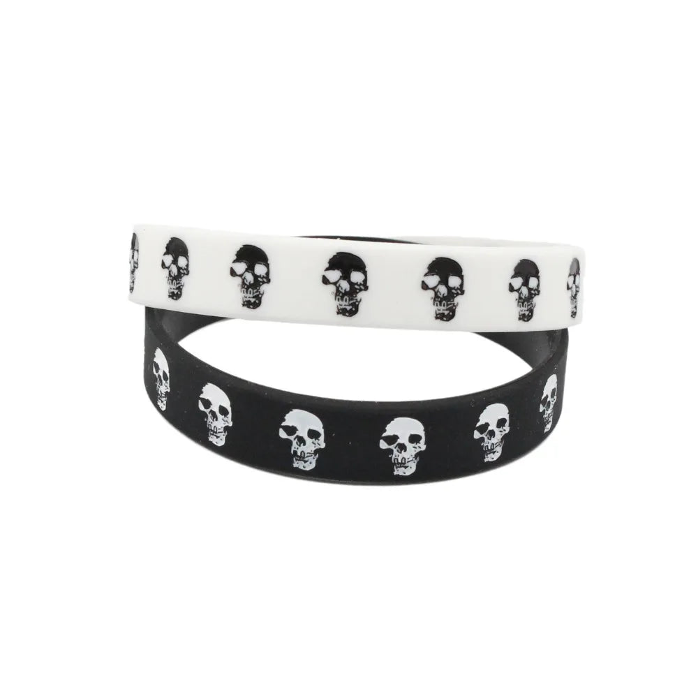 1PC Casual Skull Silicone Rubber Wristband Sports Black White Bracelets Bangles Hip Hop Skeleton Bands Women Men Halloween Gift