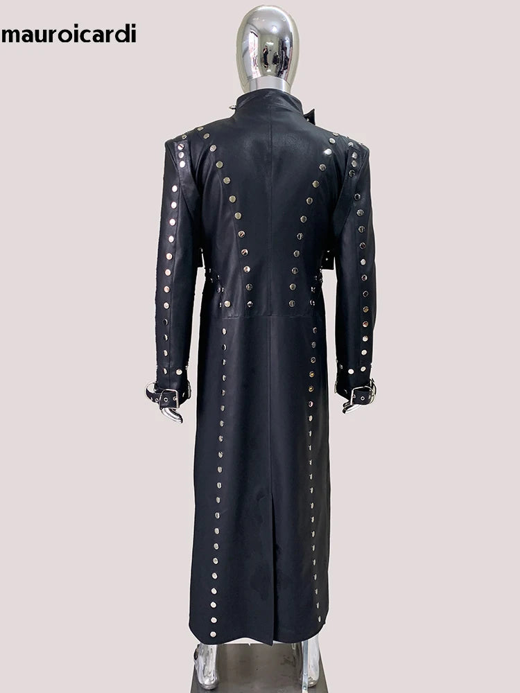 Men’s Luxury Black PU Leather Trench Coat – Rivet Punk Designer Jacket | Longline Streetwear Overcoat (Spring/Fall)