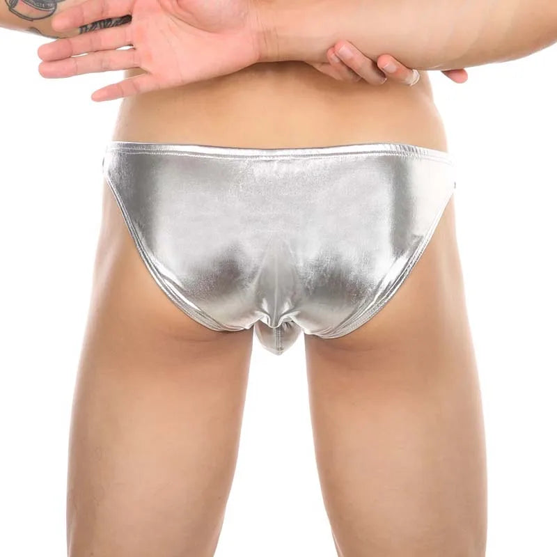 Men's Sexy PU Glossy Finish Briefs Ultra Low Faux Leather Underwear Bulge Penis Pouch Underpants U Convex Bikini Exotic Costume