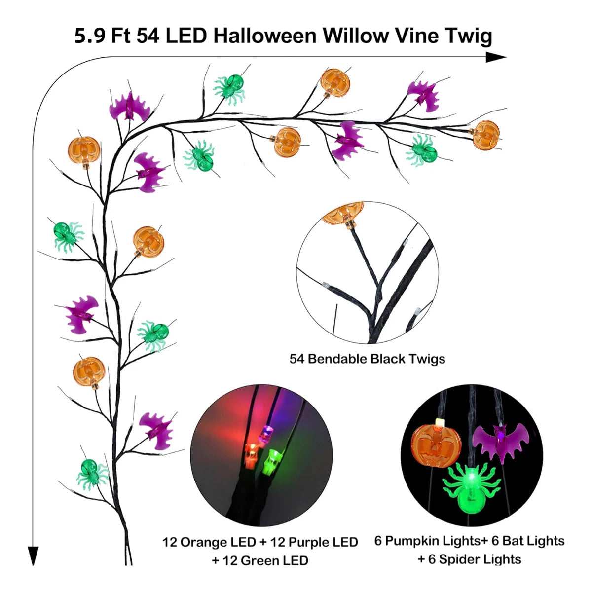 1PC 54 LED Halloween Decorative Black Willow Vine Lights With Orange Pumpkin Purple Bat Green Spider Waterproof 8 Light Modes