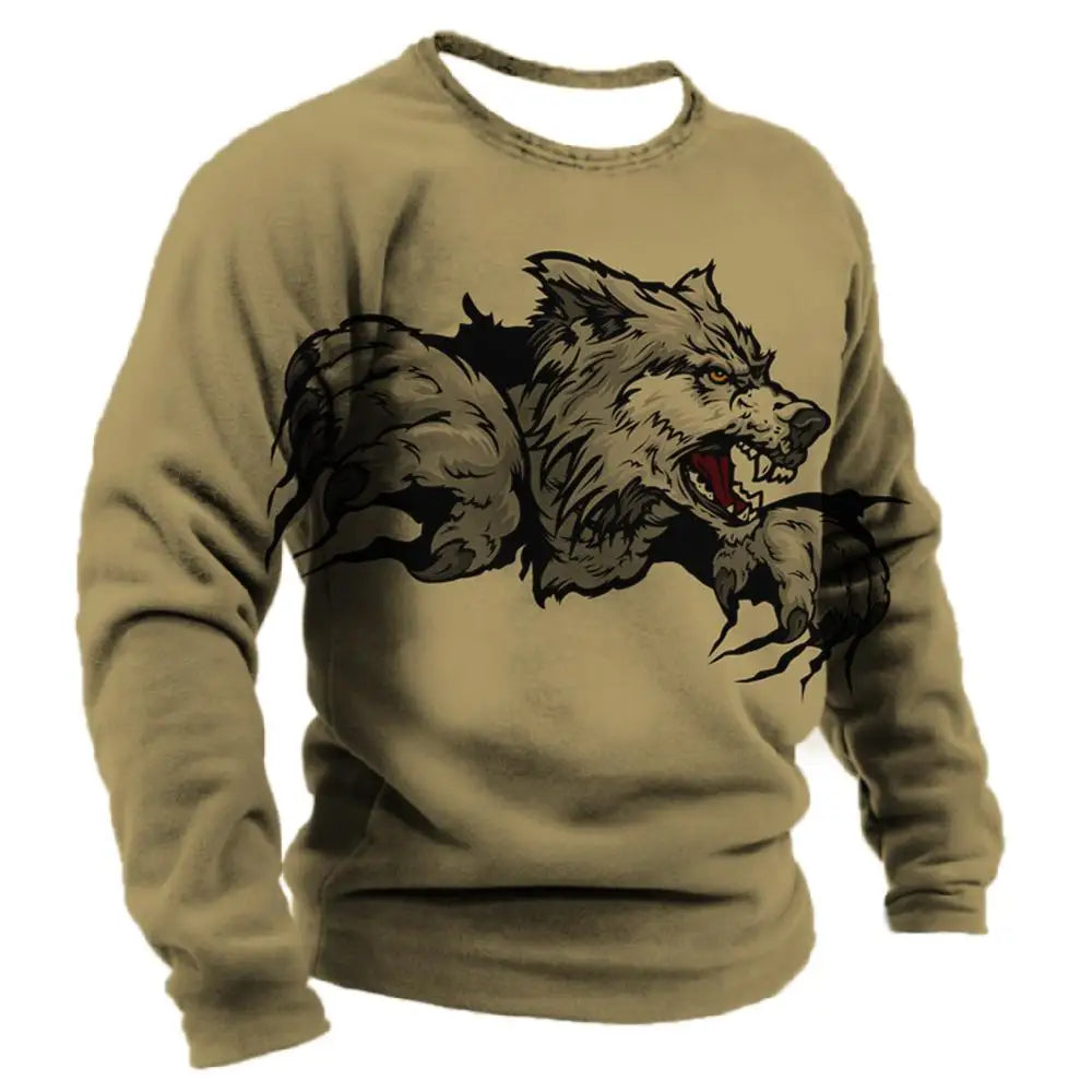 Men's Long Sleeve T-shirt Winter 3D Animal Print T Shirts Street Fashion Wolf Pattern Tops Tees Oversized Men's Clothing