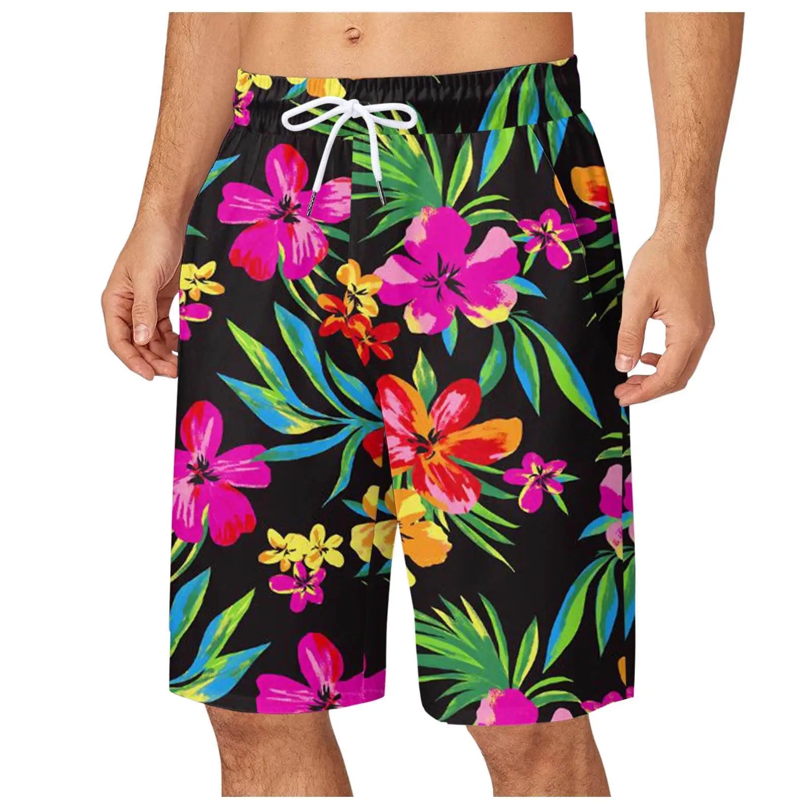 Men's Leaf Printed Sports Shorts Boys Summer Cool Hawaiian 3D Printed Casual Swim Trunks Drawstring Surfboard Shorts