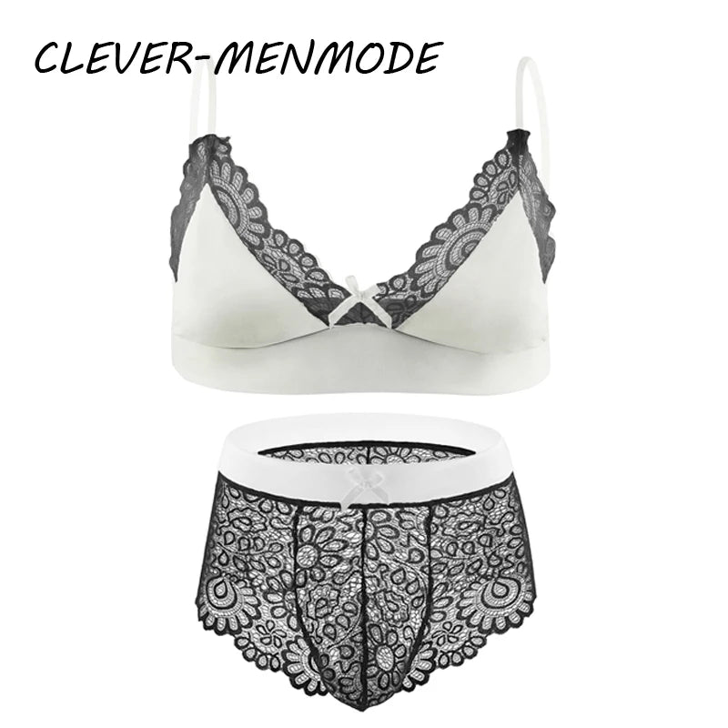 Men Sexy Crossdressing Erotic Sissy Lingerie See Through Mesh Lace Gay Underwear Male Bra Top Transparent Boxers Fetish Customs