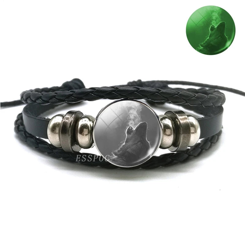 Glow In The Dark Wolf Head Bracelet Multilayer Leather Bracelet Charm Women Men Fashion Luminous Bracelets Wolf Jewelry