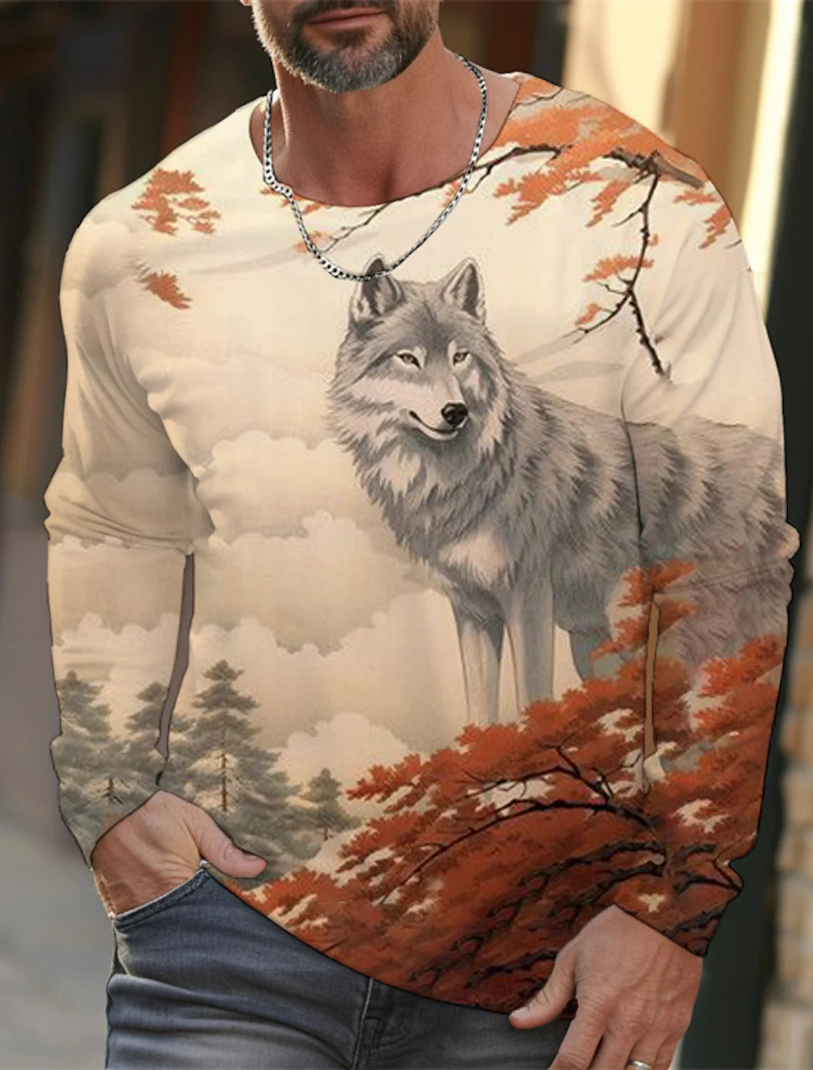 2024 new men's Ukiyoe long-sleeved T-shirt 3d printed high-definition wolf print men's autumn top casual round neck T-shirt