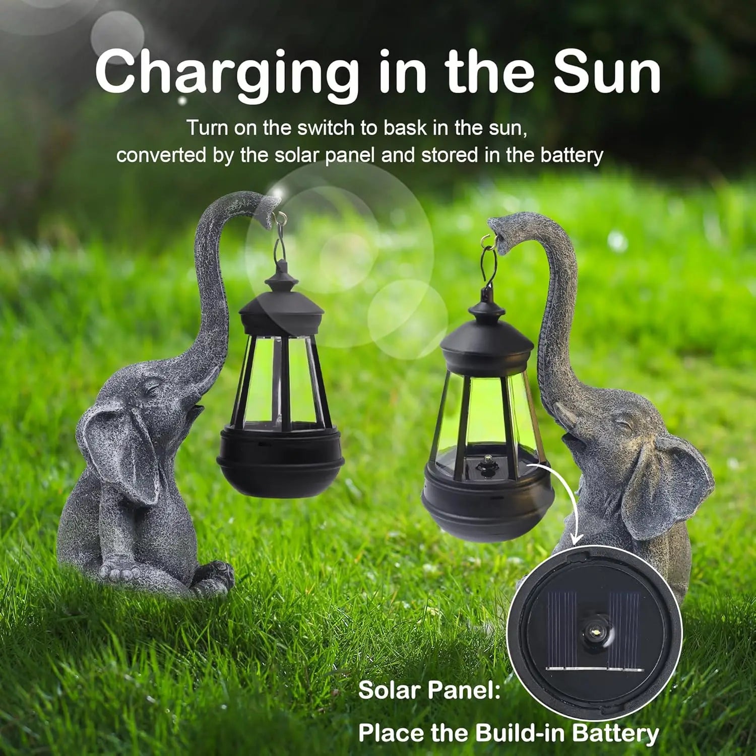 1 PC Elephant Solar Garden Statues, Resin Elephant Figurine Decorations with Solar Lights Lantern, Outdoor Elephant Decor Art fo