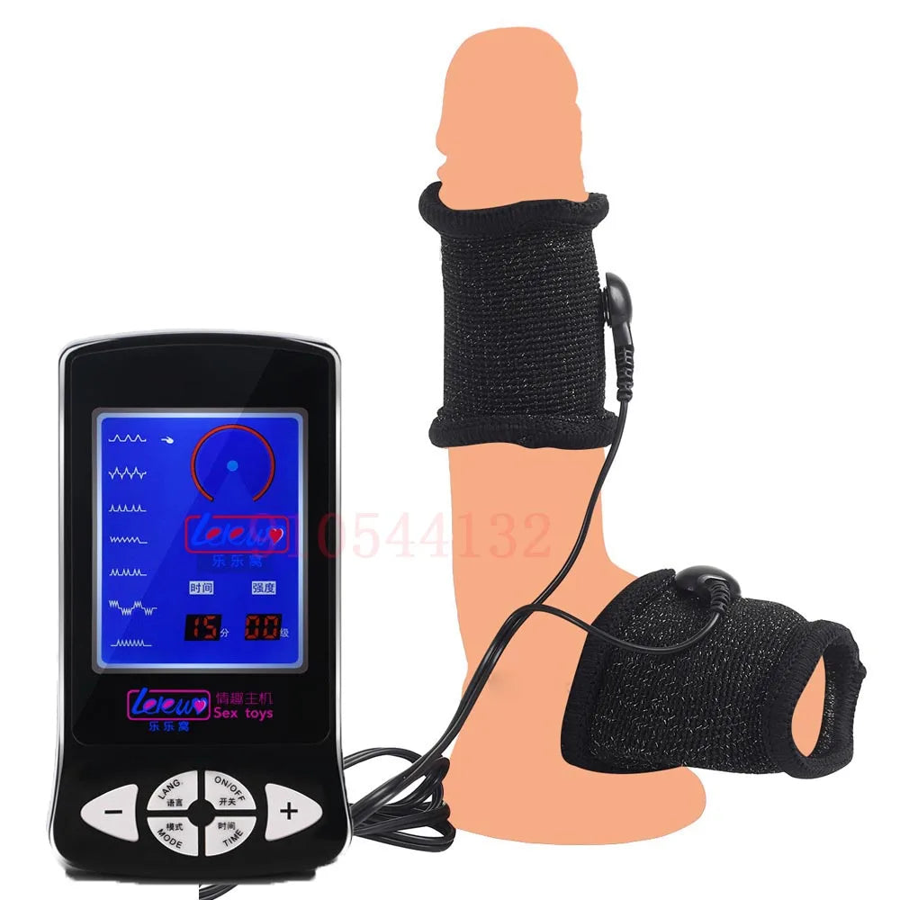 BDSM Electro Shock Conductive Fiber Penis Sleeve E-stim Scrotum Rings Electric Play Cock Therapy Enlargement Male Sex Products