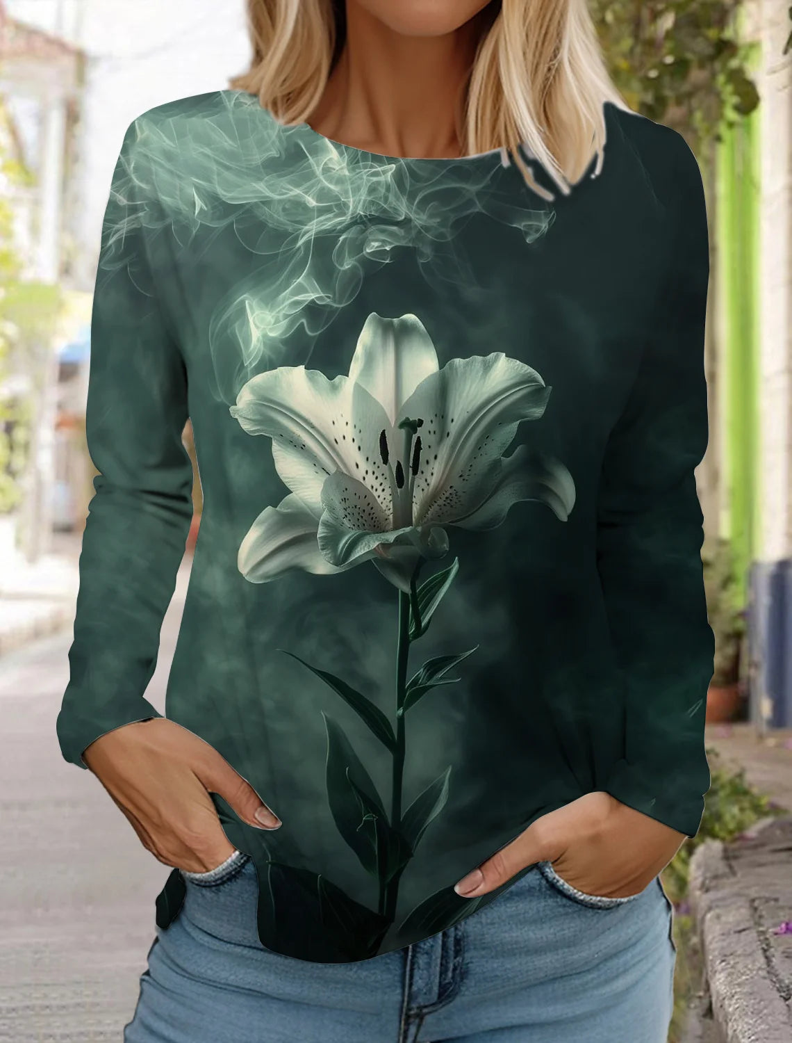 2024 women's fashion retro tops long sleeve round neck pullover casual long sleeve t-shirt new 3d printed lotus print t-shirt