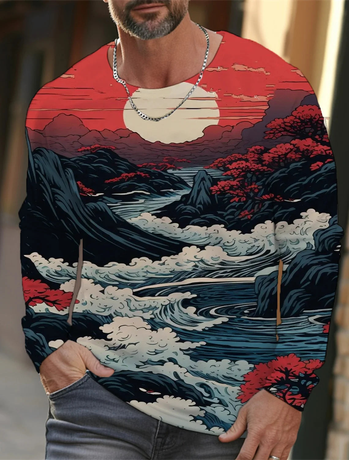 2024 new men's Ukiyoe long-sleeved T-shirt 3D printing high-definition wave cat printing men's autumn casual round neck top