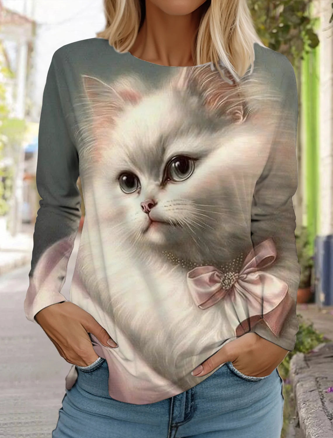 2024 Autumn and Winter Women's Long Sleeve 3D Printed Kitten Cute Print T-Shirt Women's Streetwear Round Neck Long Sleeve