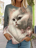 2024 Autumn and Winter Women's Long Sleeve 3D Printed Kitten Cute Print T-Shirt Women's Streetwear Round Neck Long Sleeve